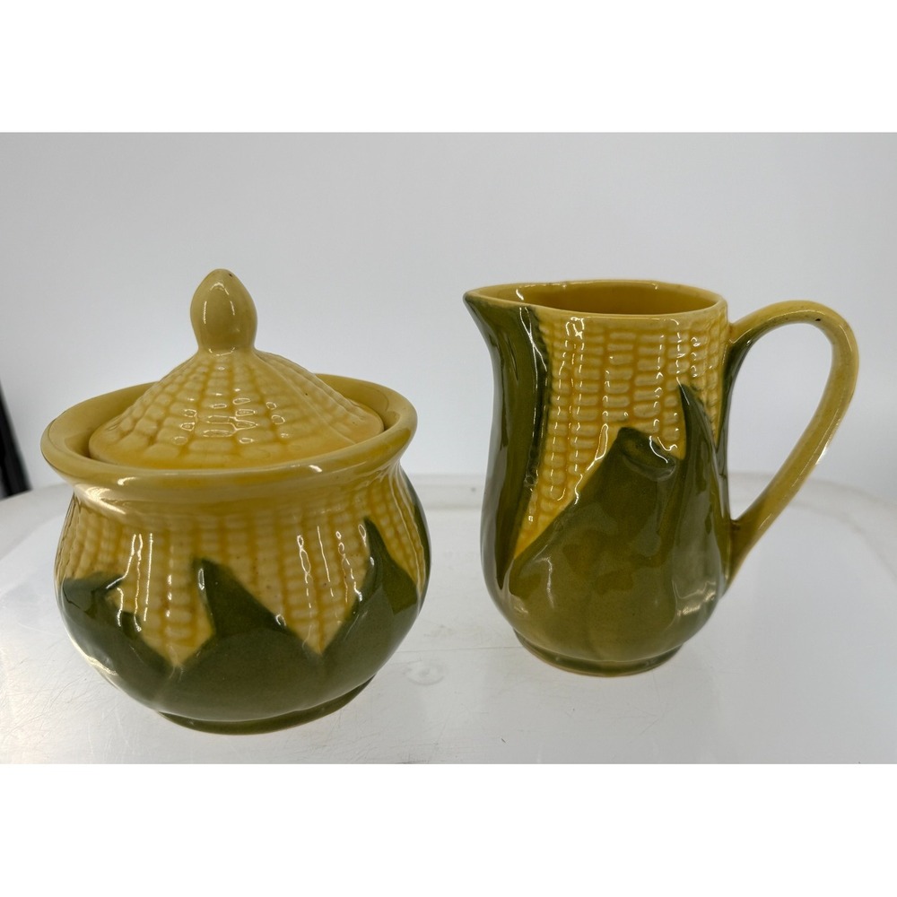 Shawnee Corn King USA 70 71 Creamer Covered Sugar Bowl Set Yellow Green Pottery